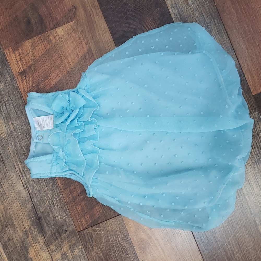 Nursery Rhyme Baby Blue Swiss Dot Ruffle Sleeveless Romper, Size 6 Months